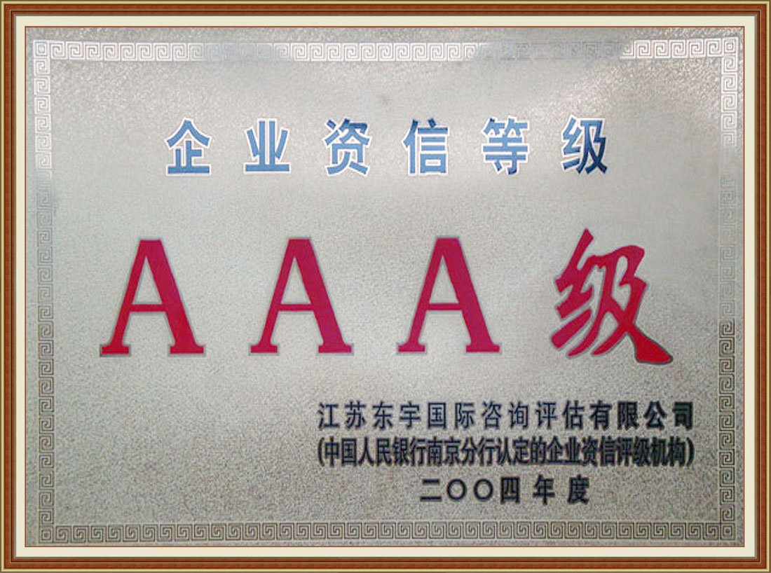 2004年被中國人民銀行認定為“AAA級”資信企業